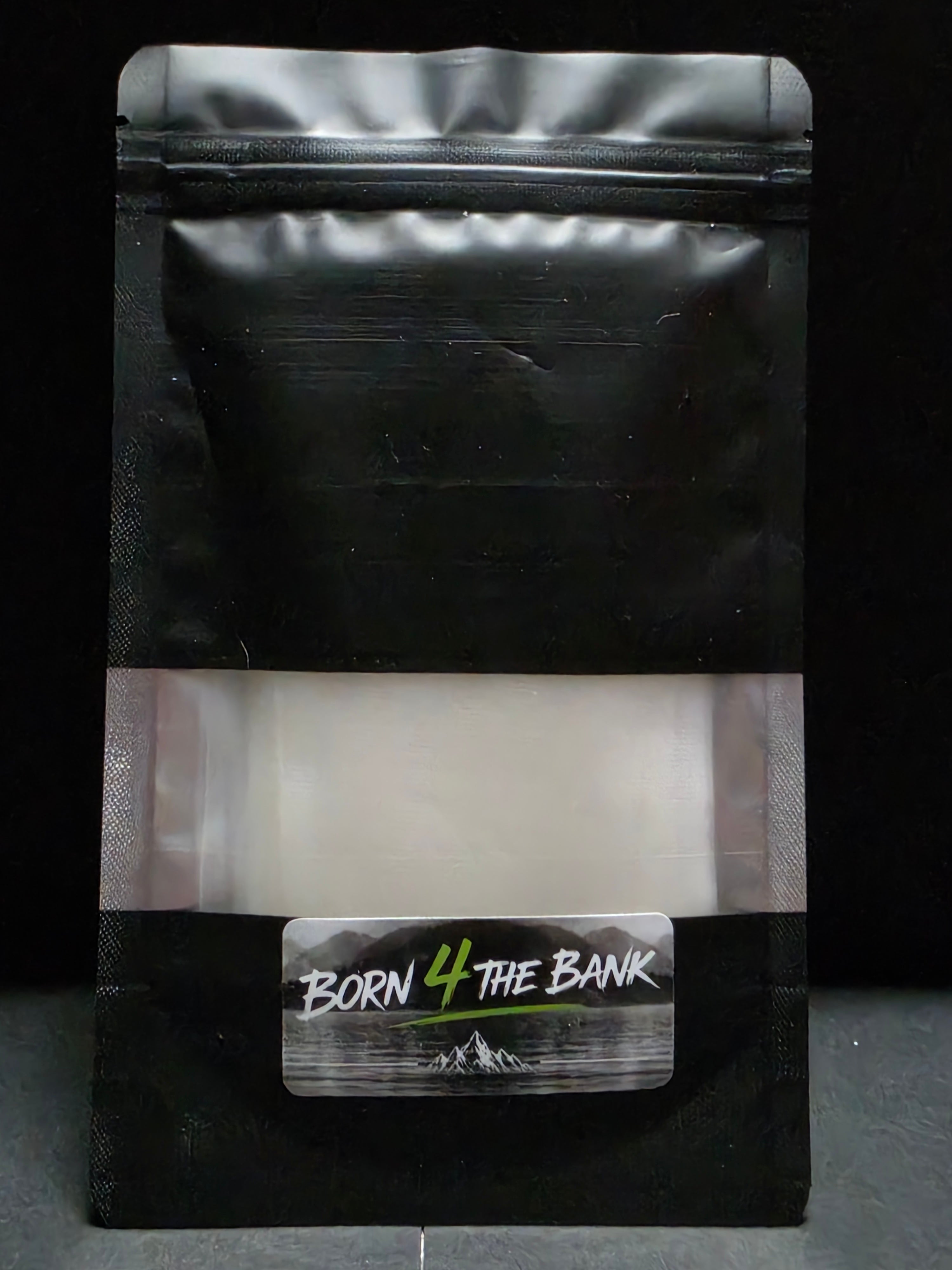 Product packaging with a label on a dark background